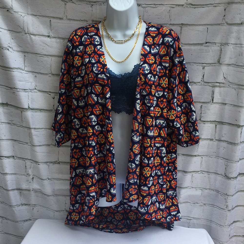 LulaRoe multi bright design kimono blue orange white